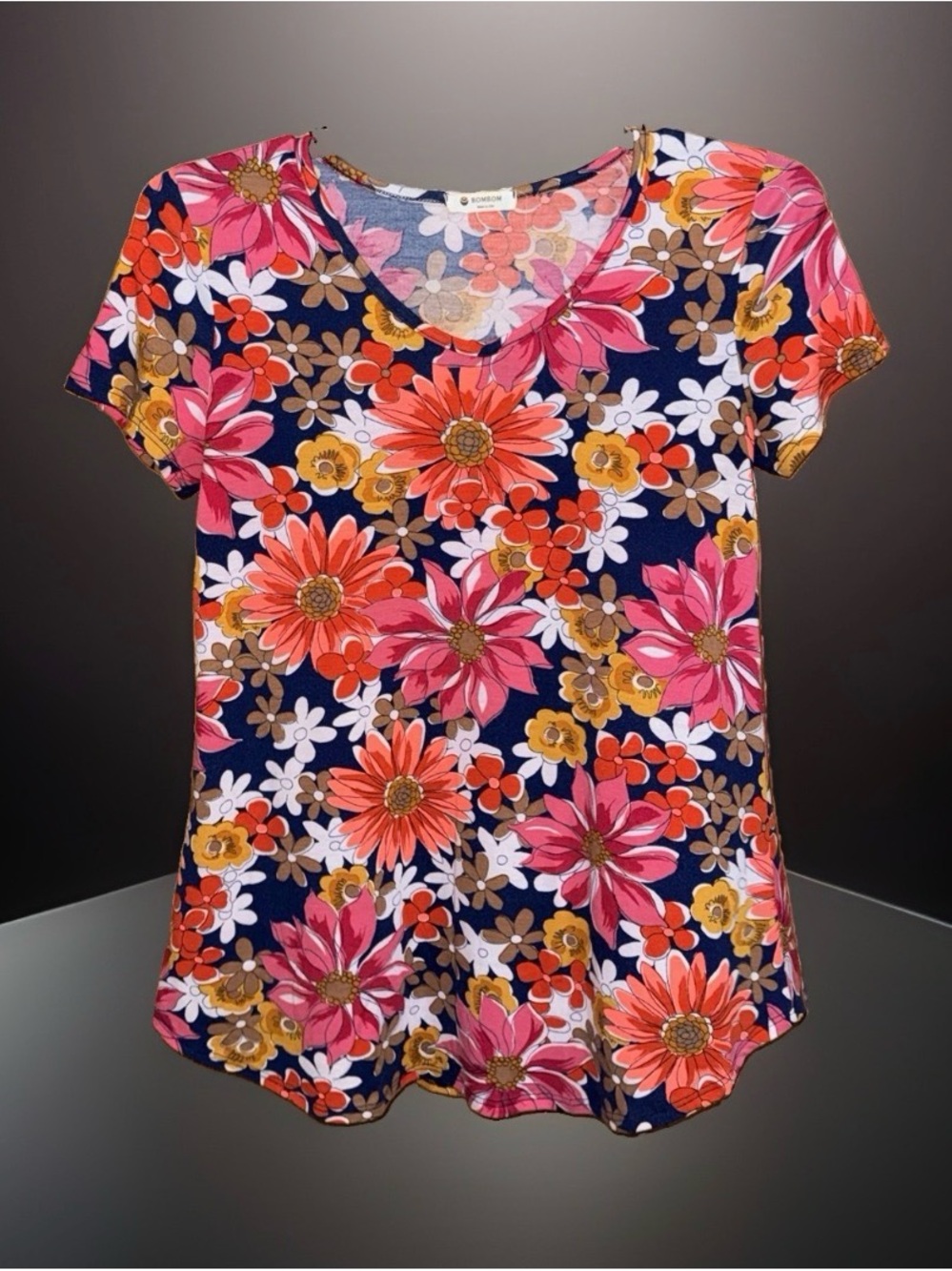 Bombom Women’s Floral V-Neck Tee - Navy with Pink & Orange Flowers-S-EC-SEE PICS